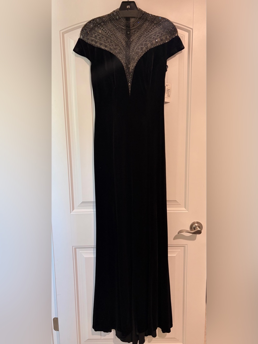 Tadashi Shoji Black Velvet Maxi Gown with Beaded Yoke